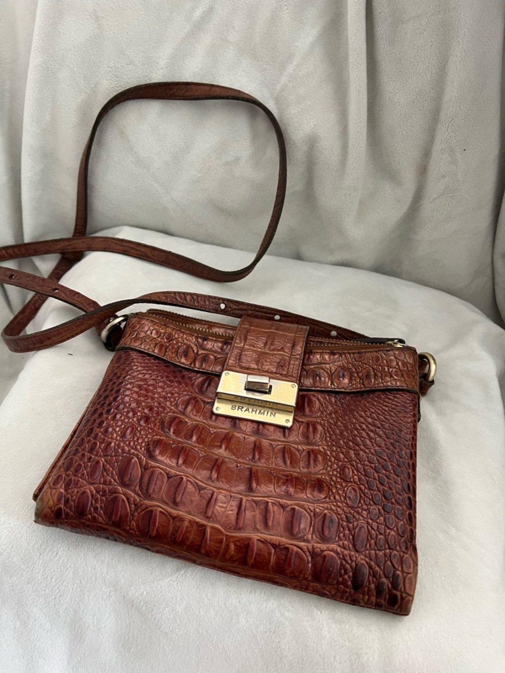 Brahmin Chestnut Croc-Embossed Leather Crossbody with Gold Hardware